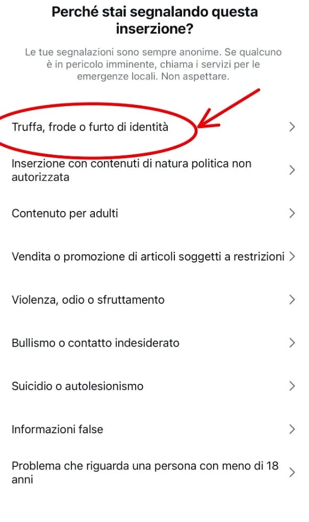Schermata segnalazione inserzione con opzione Truffa frode o furto di identità