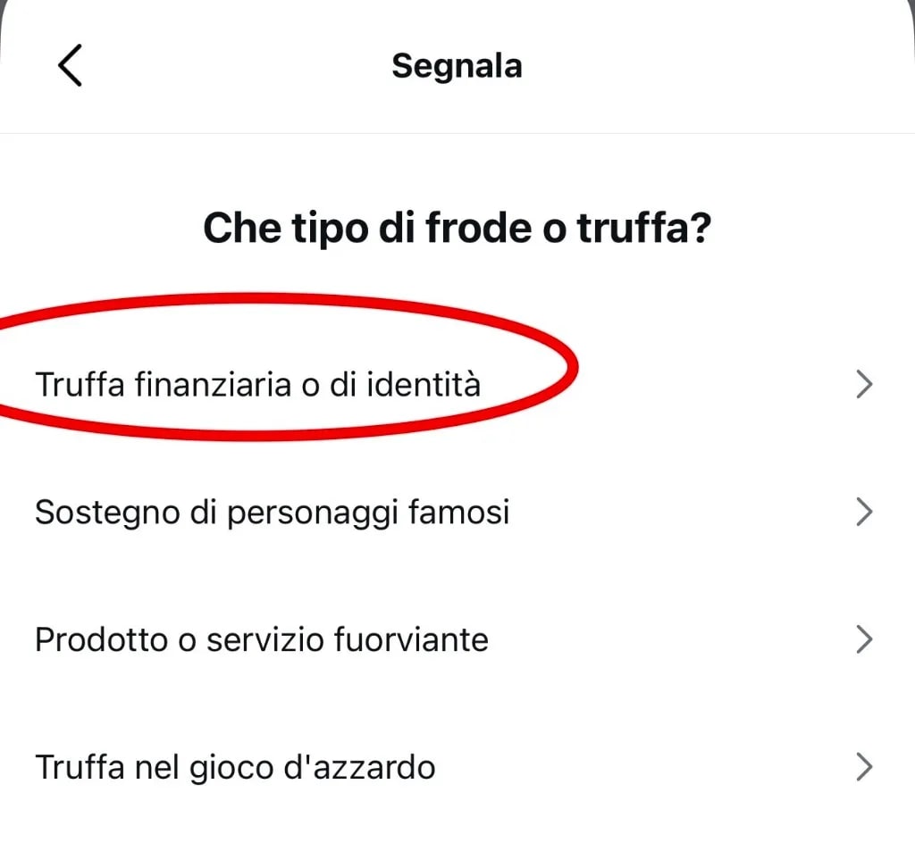 Schermata che tipo di frode o truffa con Truffa finanziaria o di identità