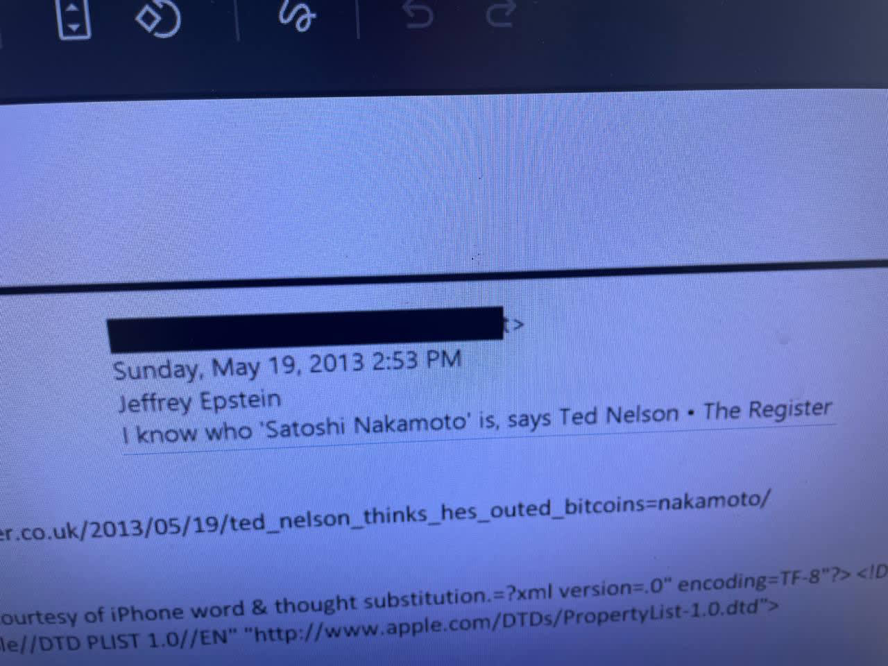 Screenshot di una email del 2015 su Bitcoin e Digital Currency Initiative evidenziata in rosso e giallo