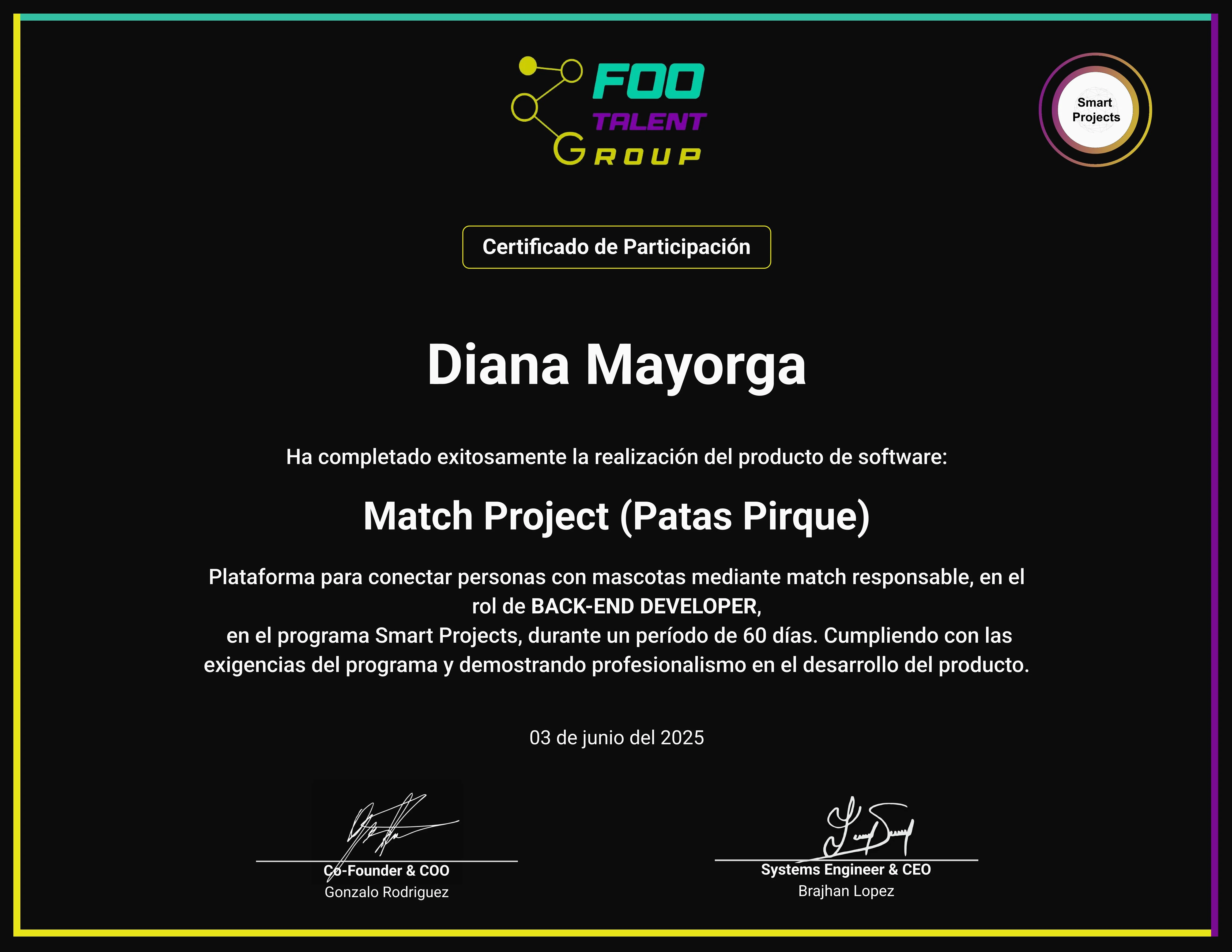 Certificado Match Project Patas Pirket