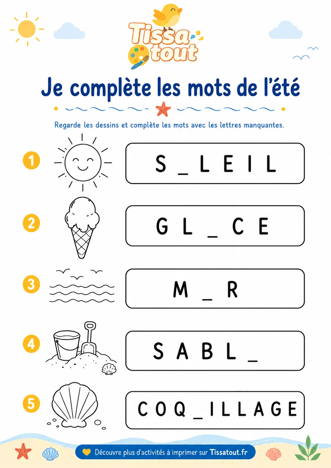 3 activités d’été à imprimer – Mots, labyrinthe et comptage aperçu 1