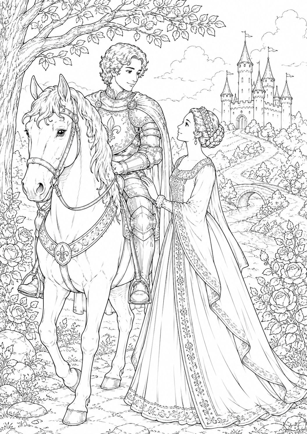 Le prince Charmant et Vraie-Gloire près du cheval