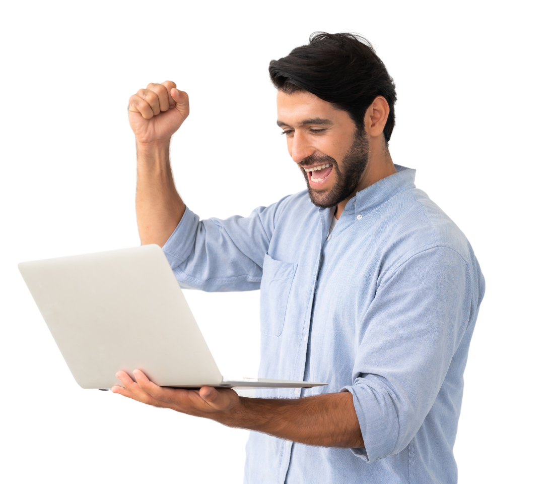 man holding laptop celebrating