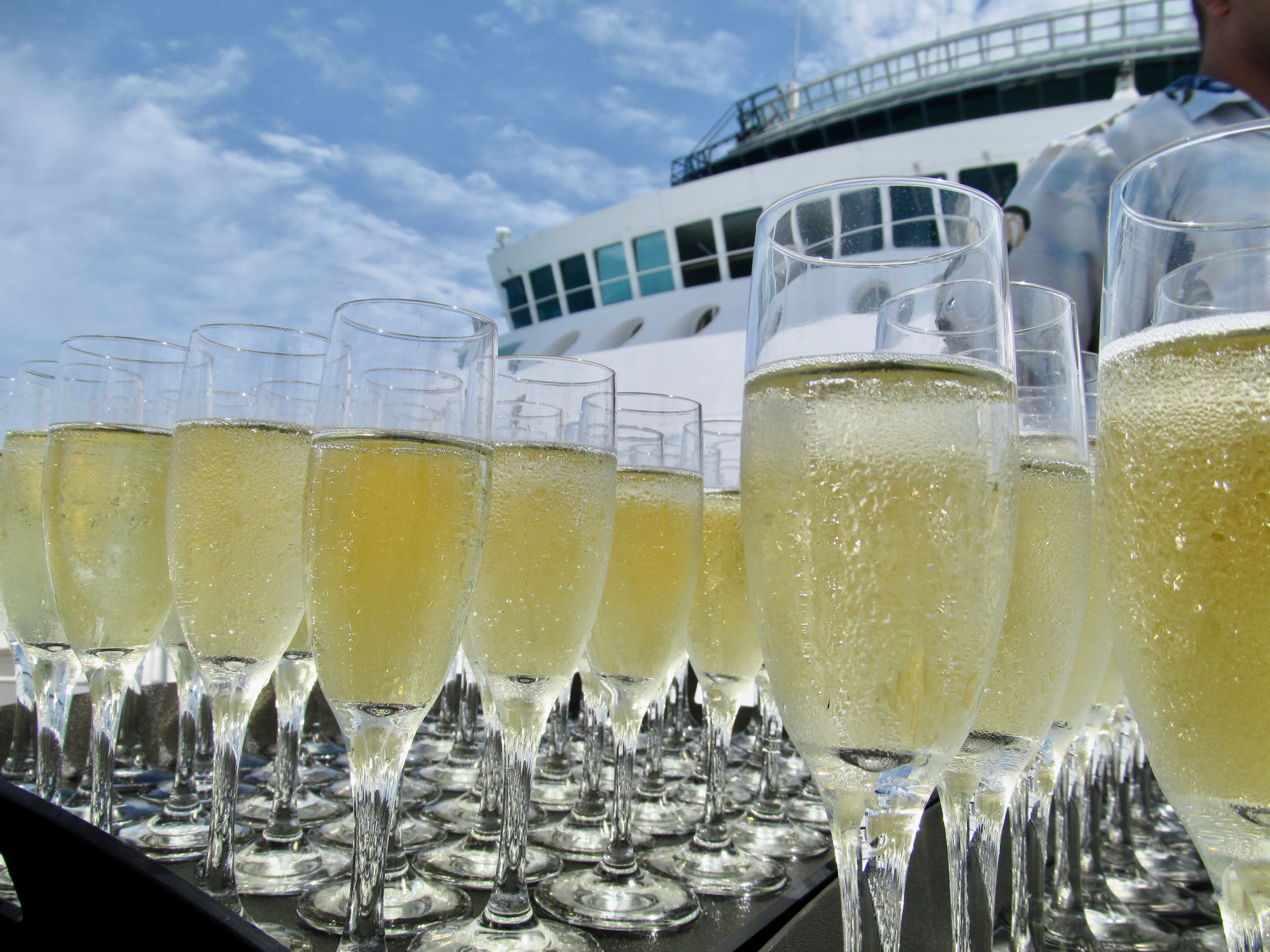 Champagne flutes dockside on embarkation day