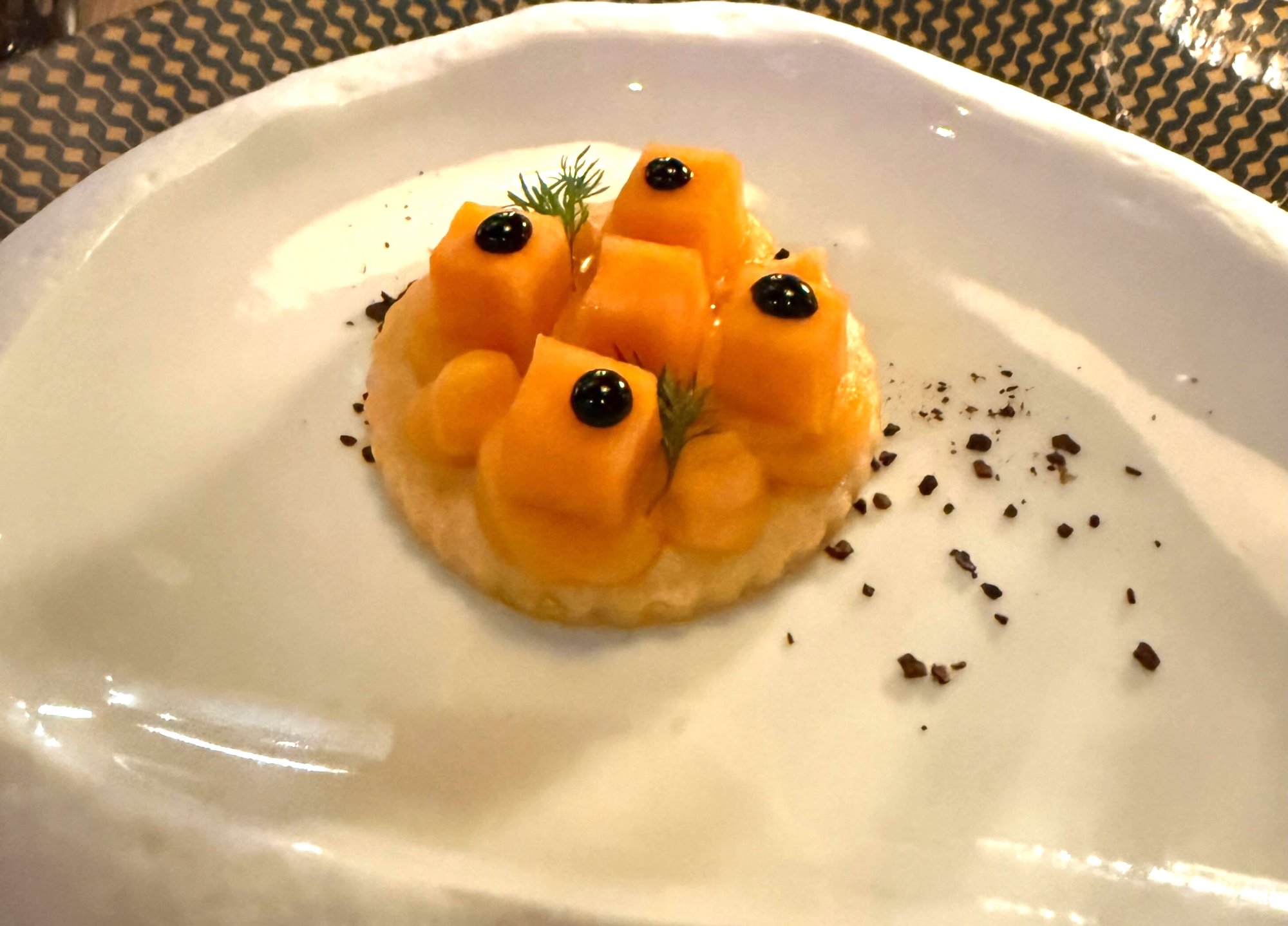 Mosaic Caribbean starter — braised with orange purée