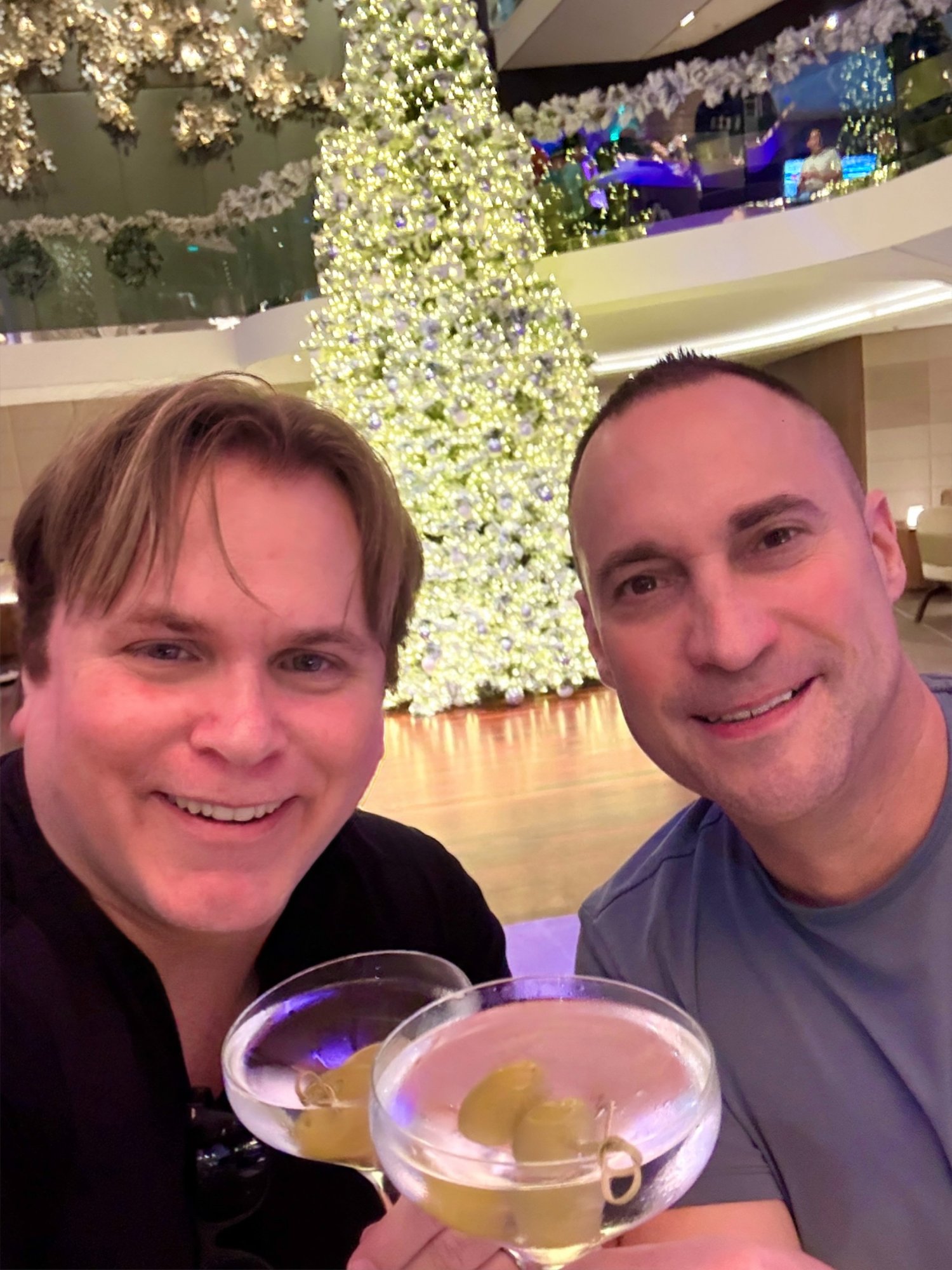 Patrick and Ross at the Martini Bar on Celebrity Xcel — Christmas sailing with lychee martinis