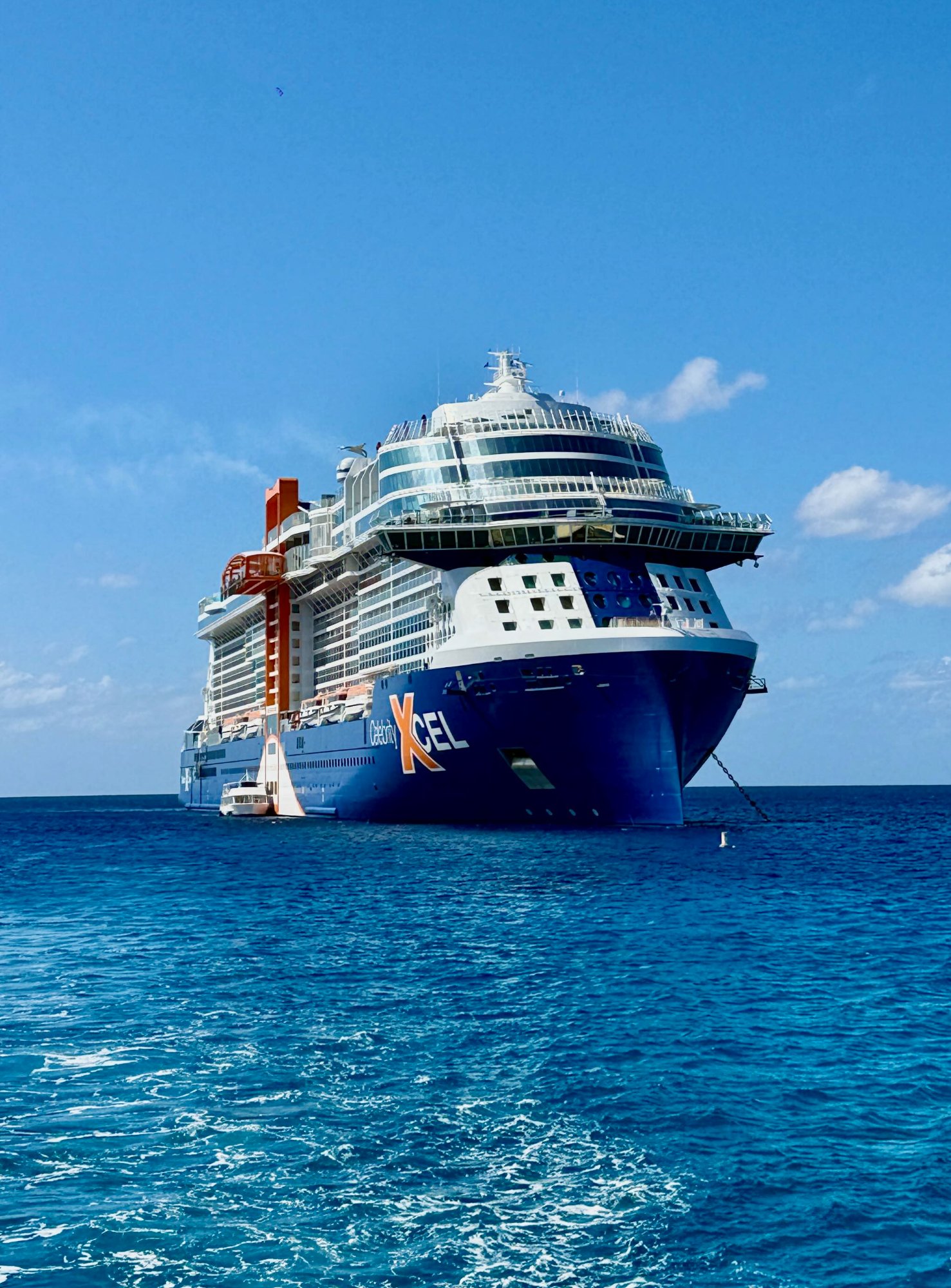Celebrity Xcel at anchor in the Caribbean — view from the tender boat