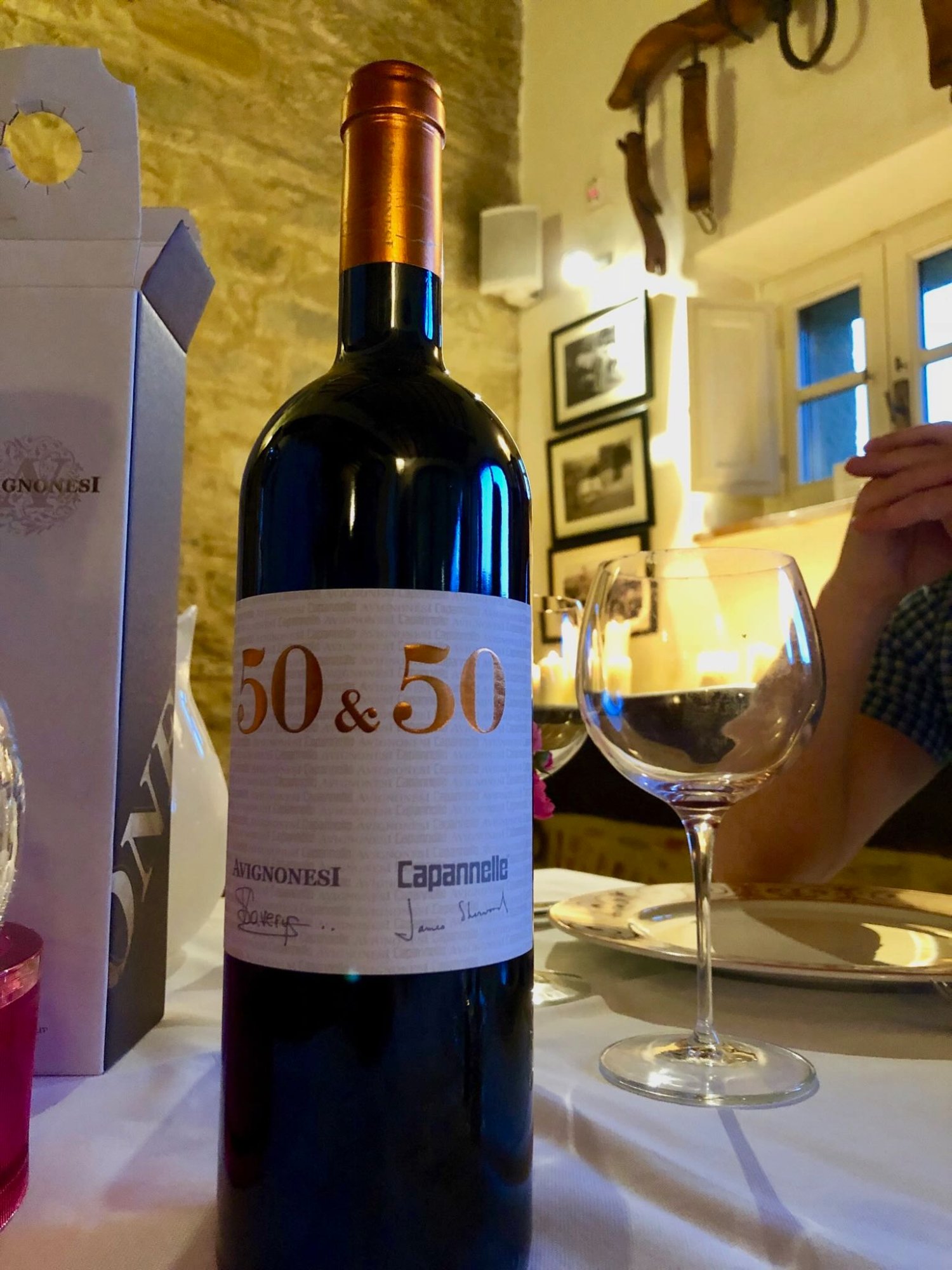 Avignonesi-Capannelle 50&50 opened at birthday dinner at Casa Portagioia, candlelit setting