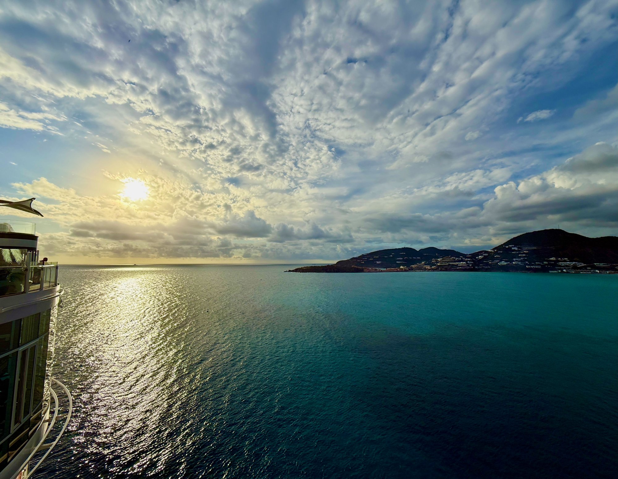 St. Thomas US Virgin Islands from Celebrity Xcel — turquoise water and dramatic cloudscape