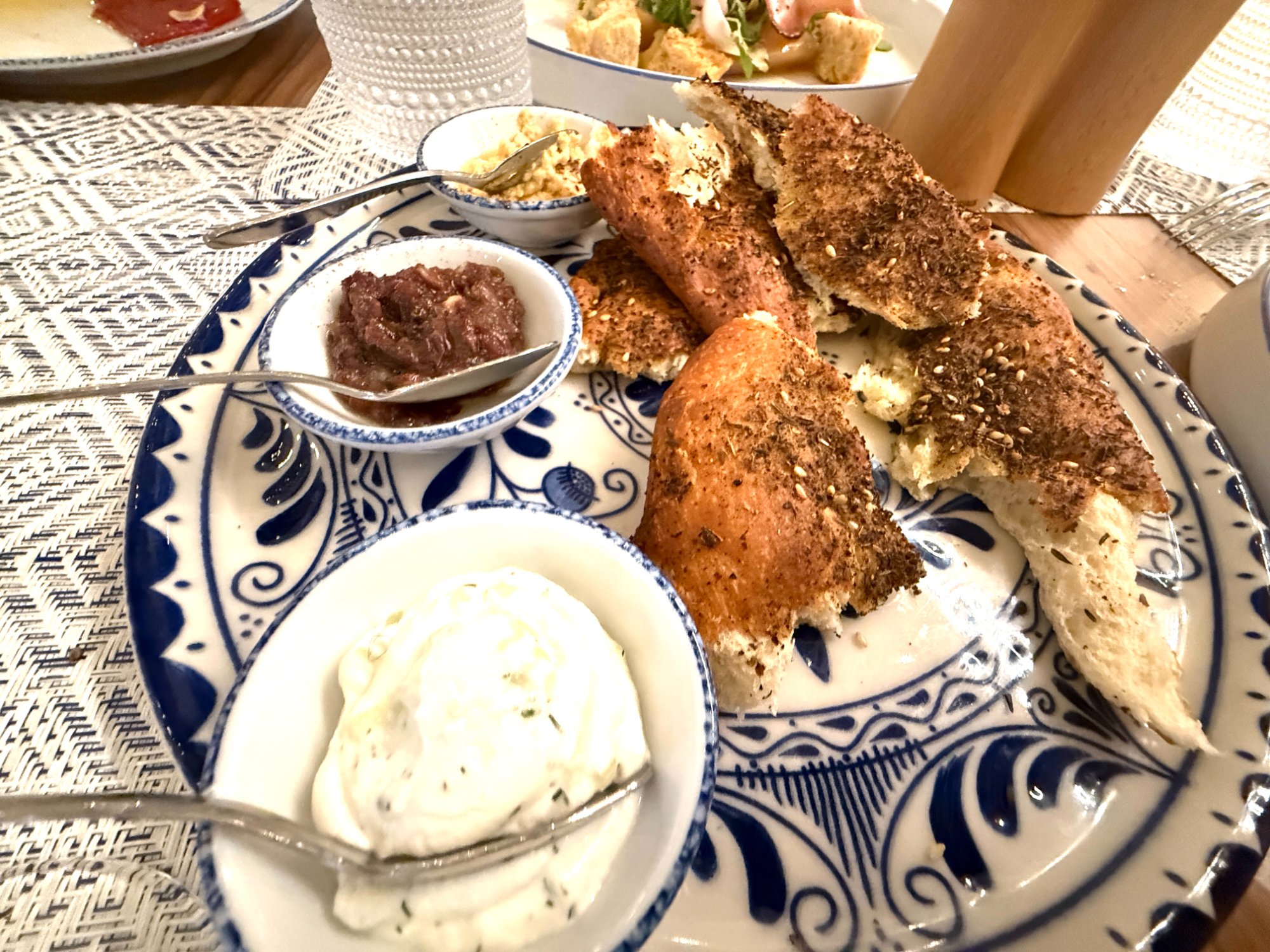 Bora dinner za'atar lavash with labneh and olive tapenade