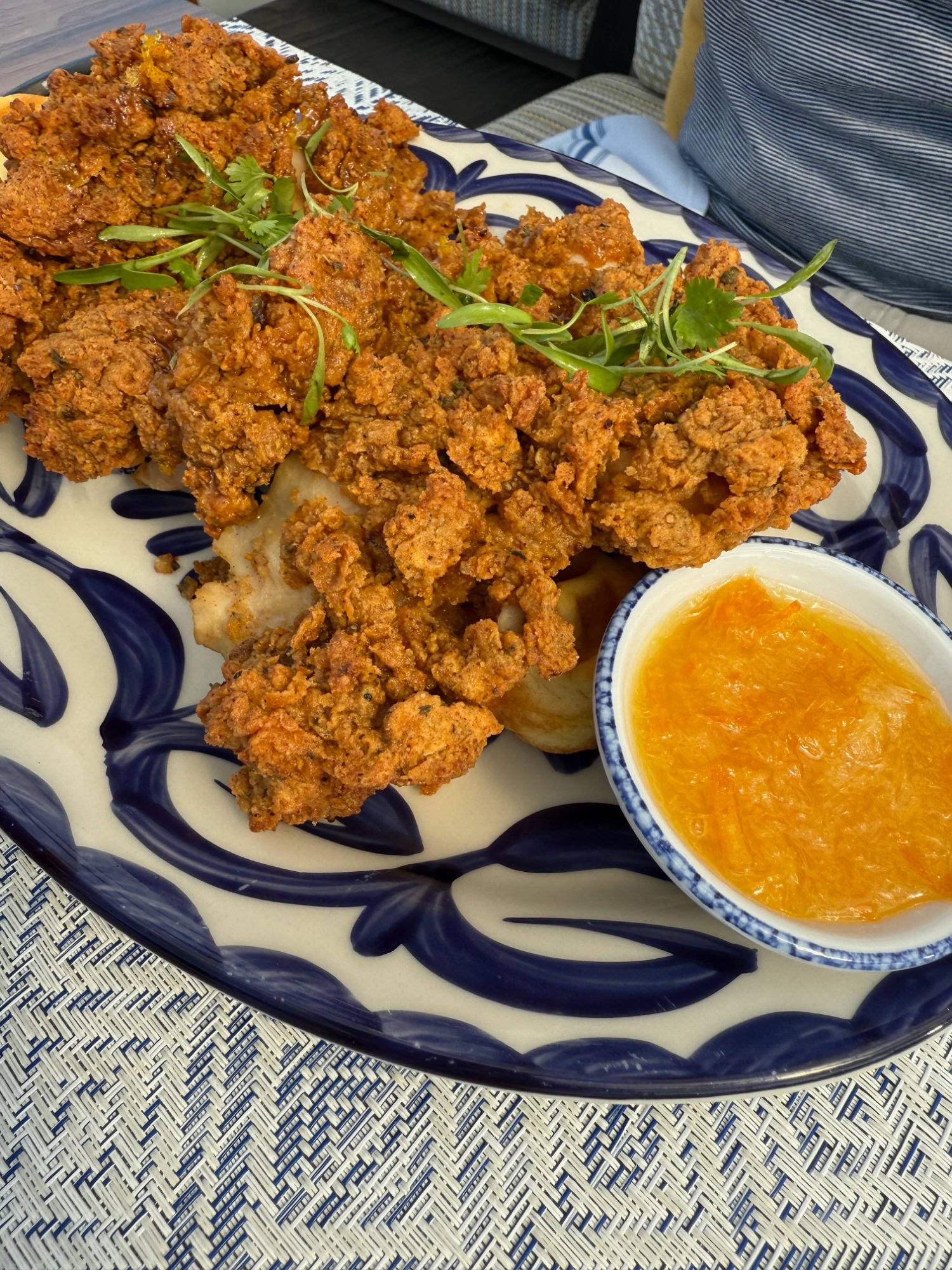 Bora Chicken and Waffles with orange blossom honey