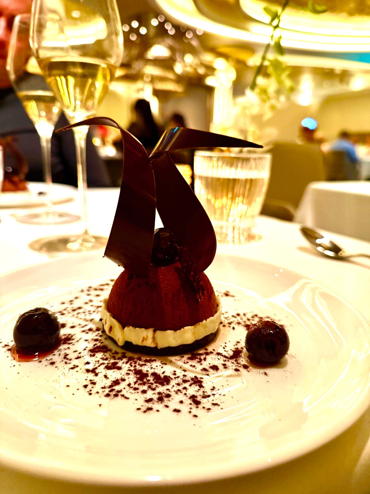 Le Voyage Christmas Eve dessert — chocolate with cherry and sail shards