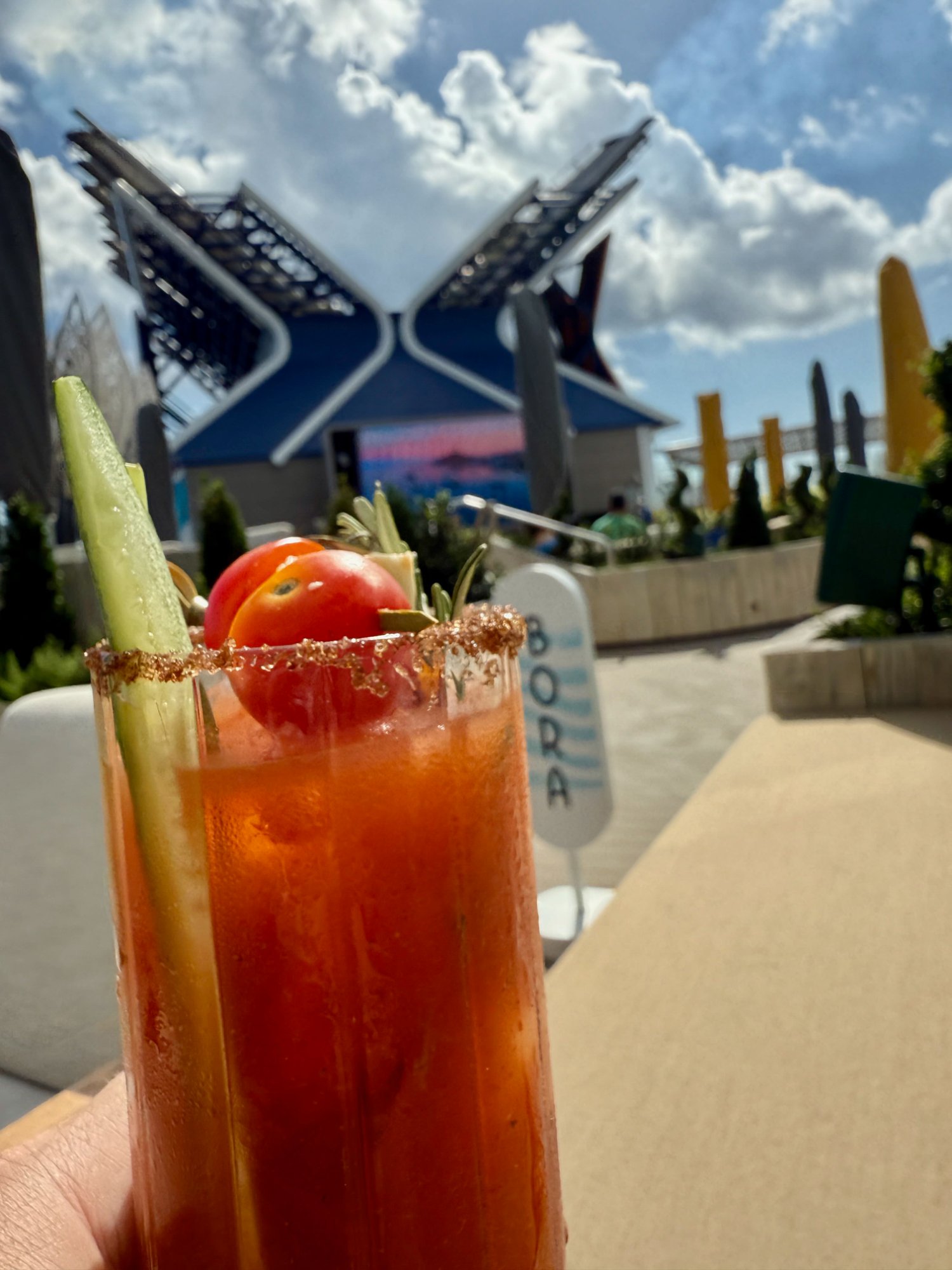 Bora's signature Bloody Mary with the Celebrity X sculpture in background