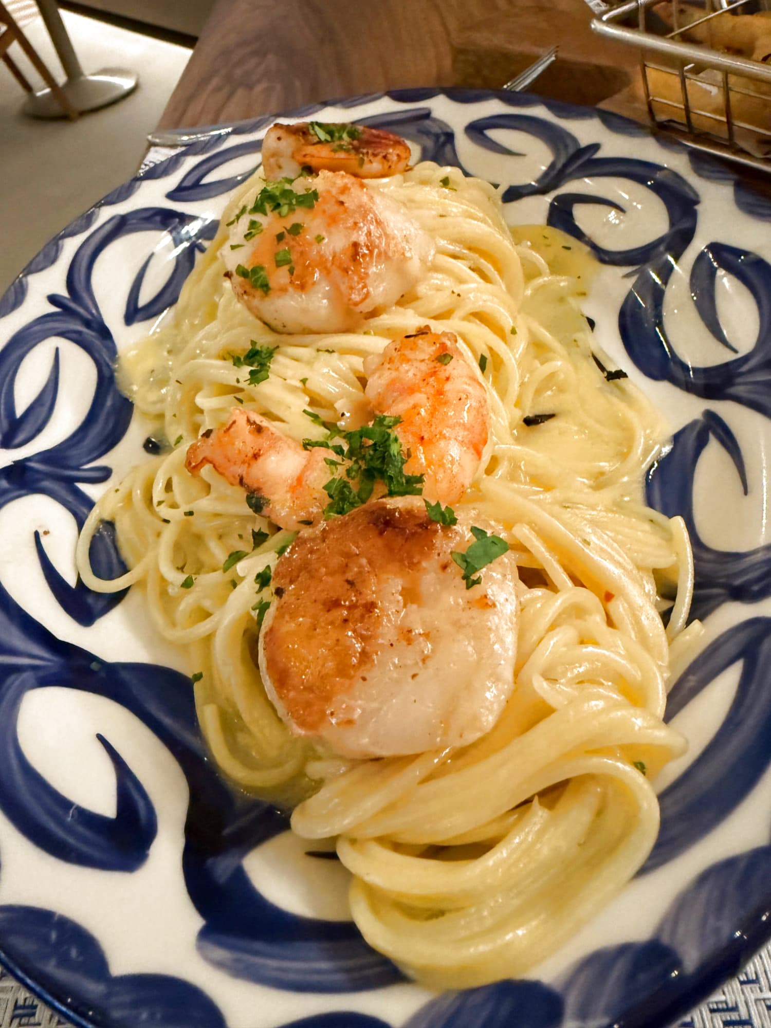 Bora dinner linguine with seared prawns