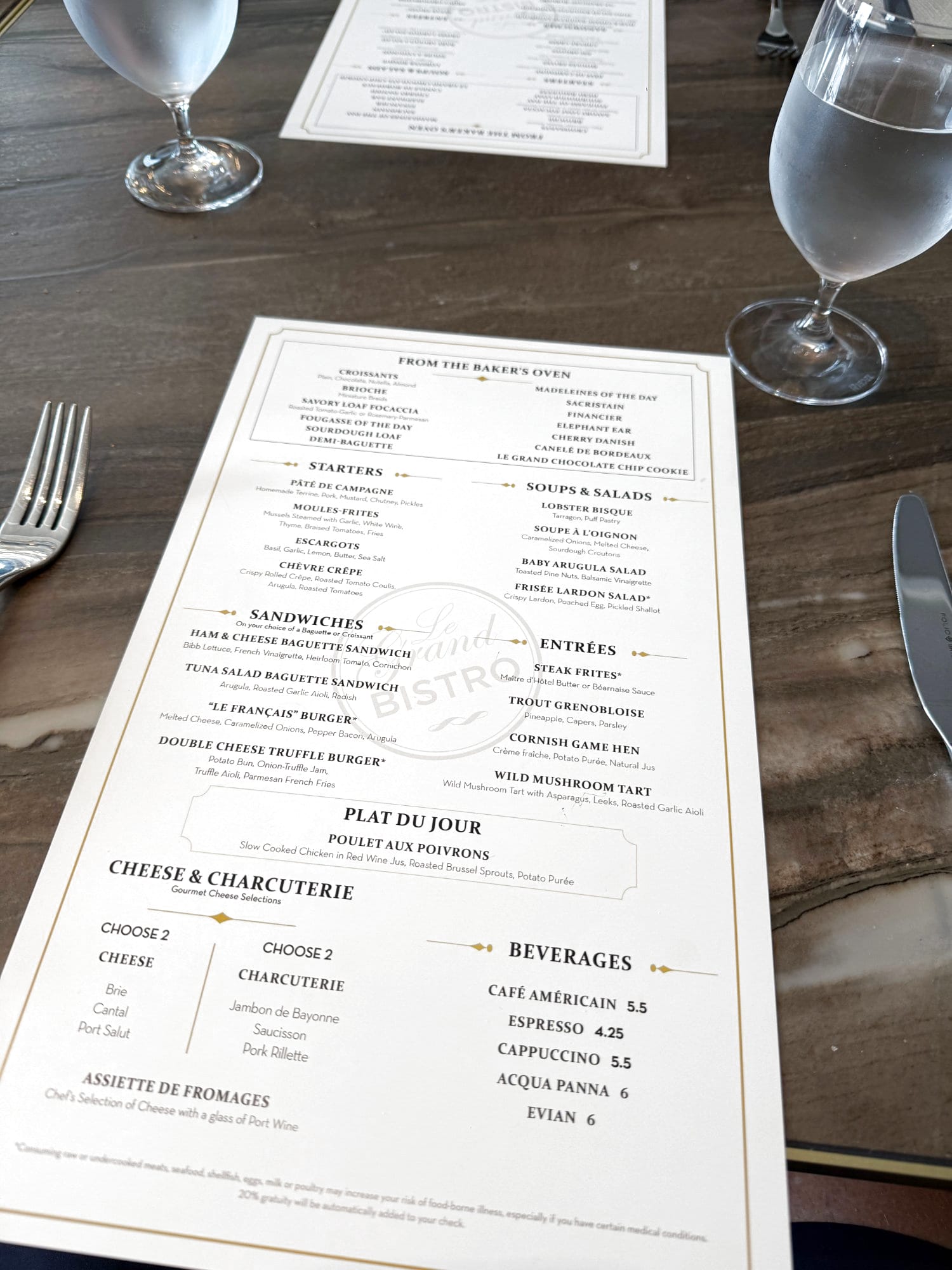 Le Grand Bistro menu on Celebrity Xcel — French brasserie lunch