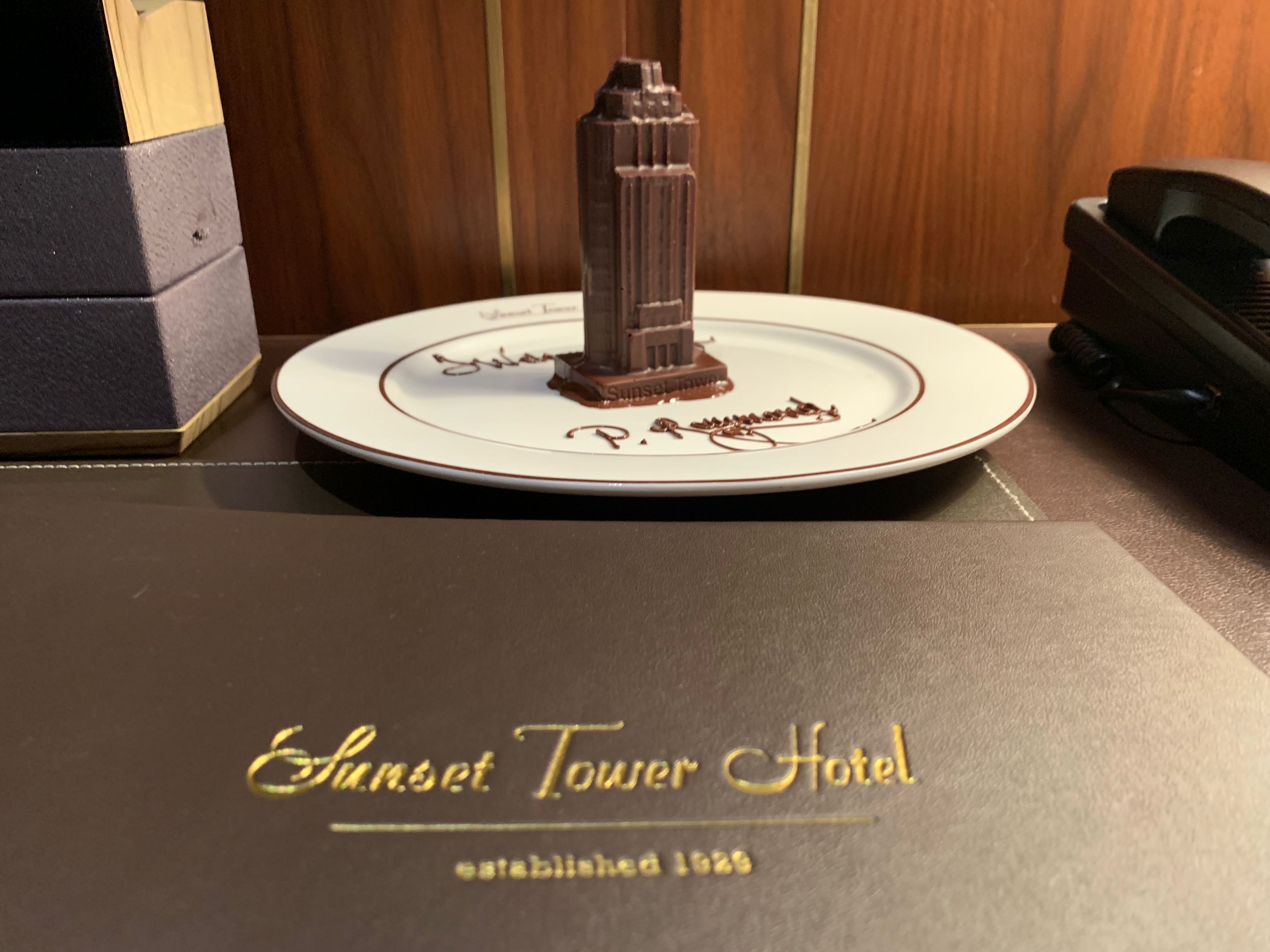 The Sunset Tower chocolate tower with welcome back message — arrival gift for returning guests