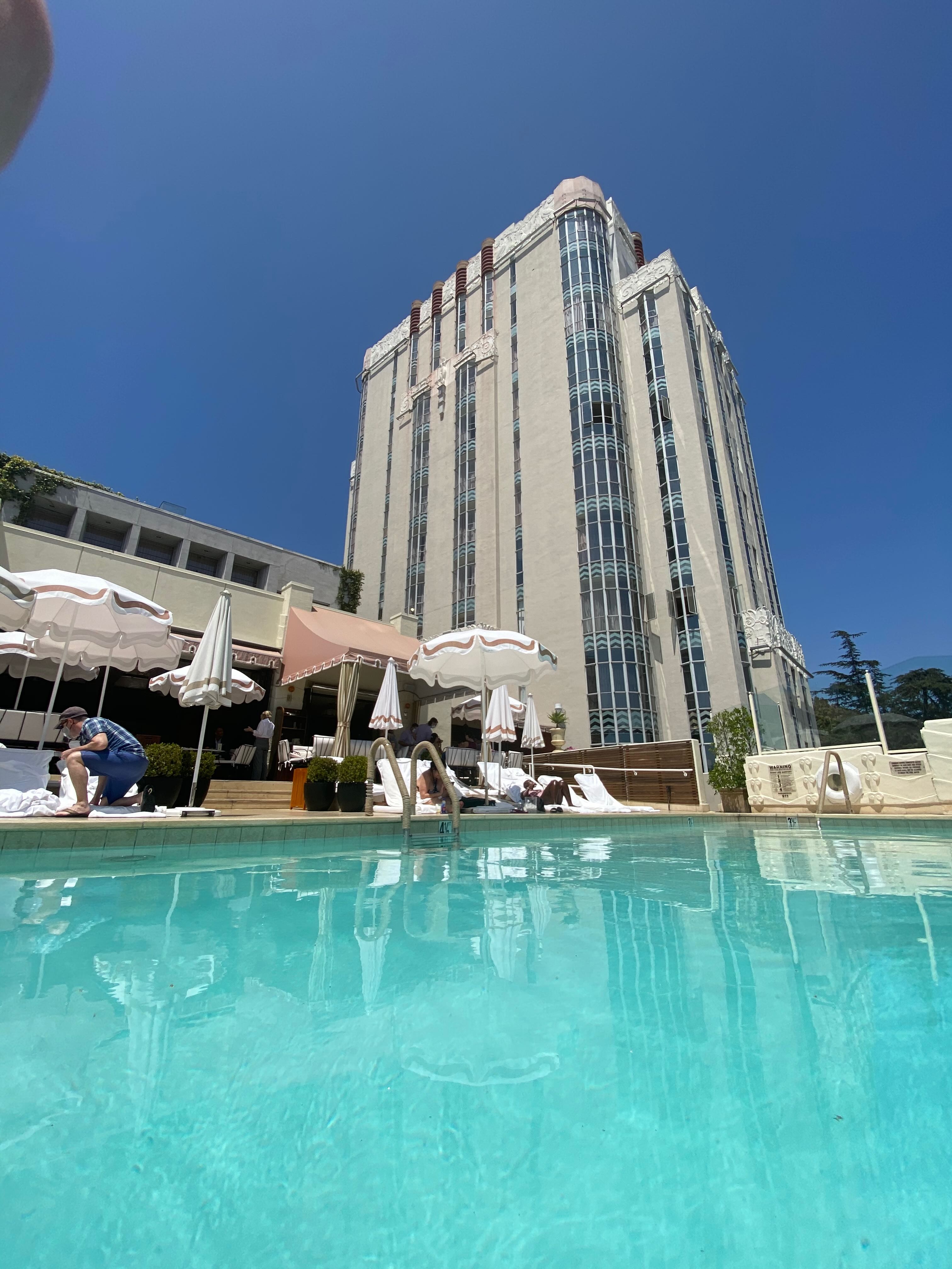 Sunset Tower Hotel pool with Art Deco tower in background