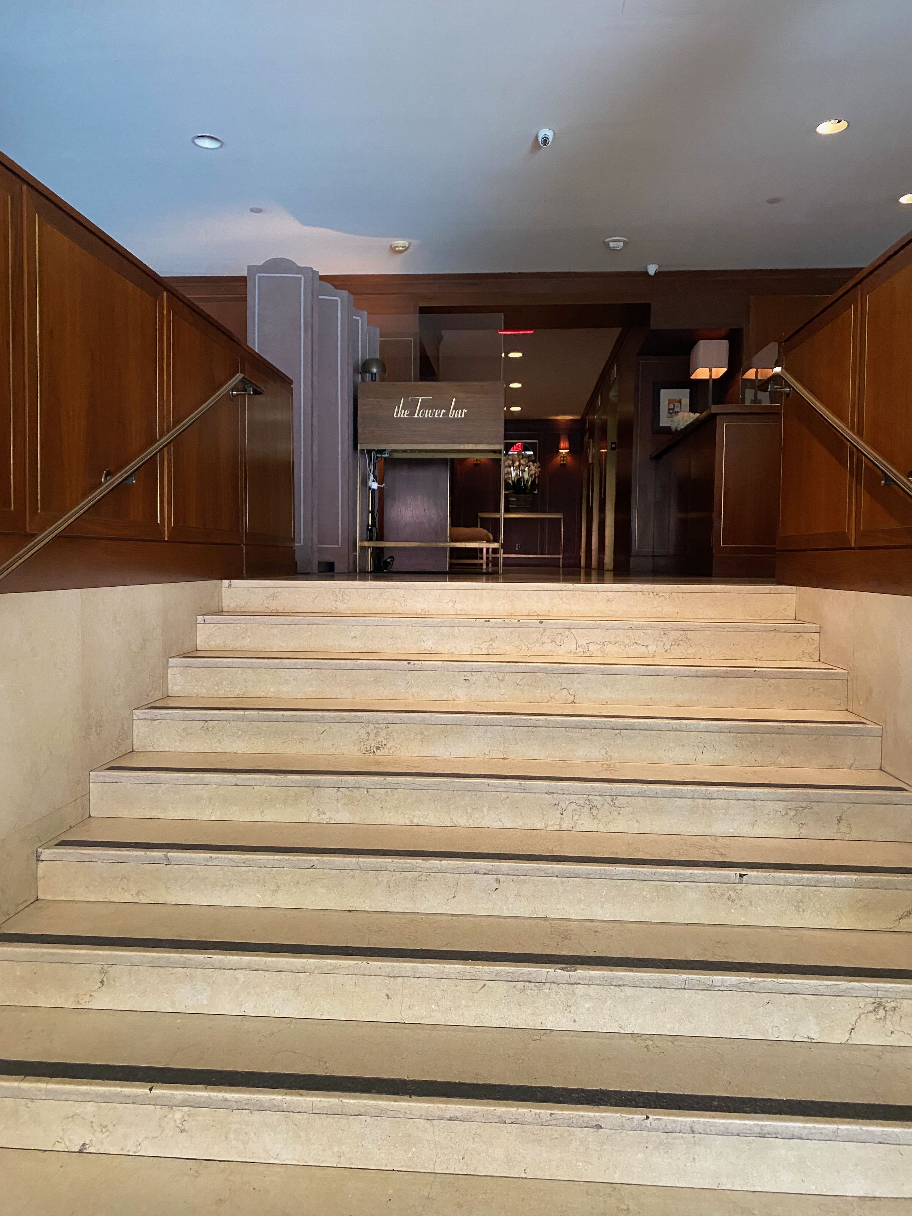 The steps leading up to the Tower Bar concierge — Sunset Tower Hotel