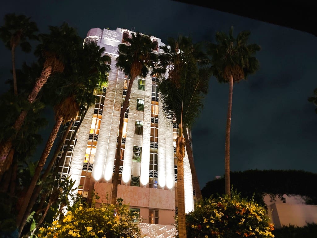 Sunset Tower Hotel at night — glowing on the Sunset Strip