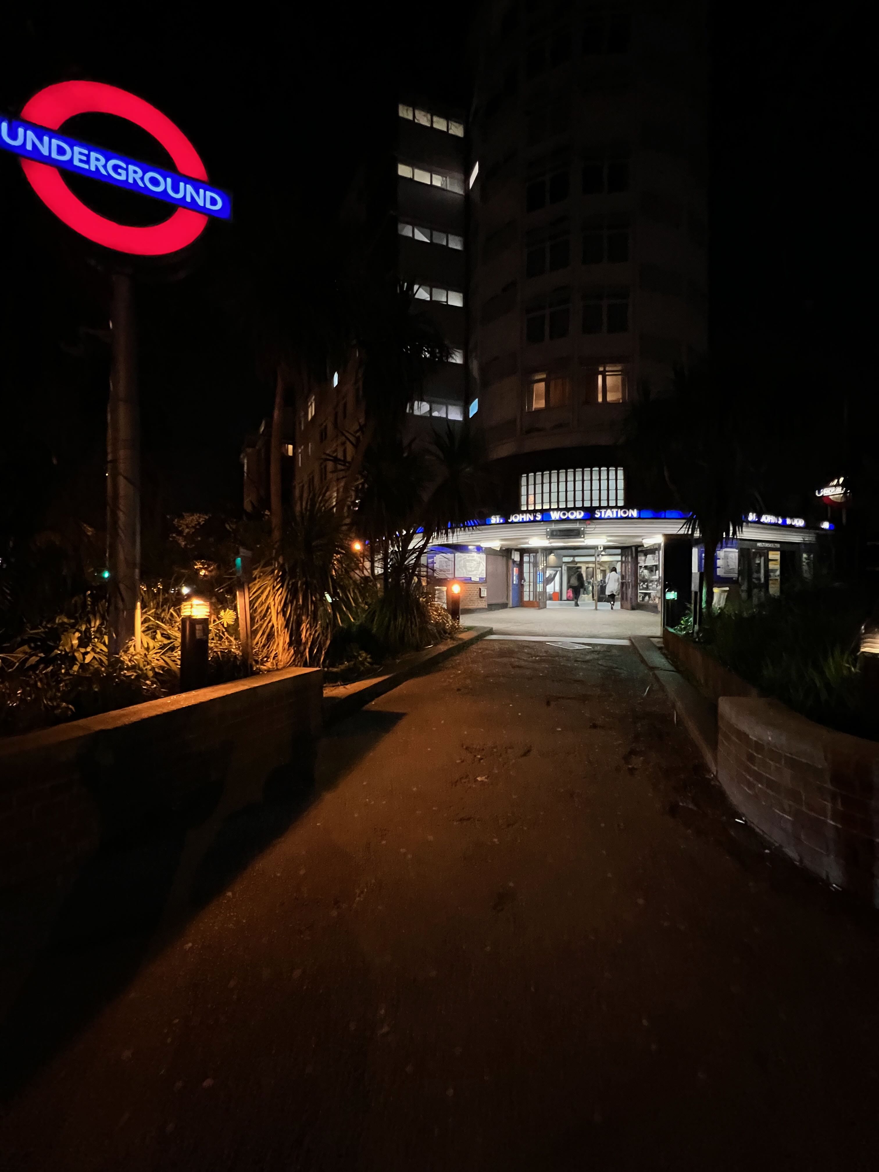St Johns Wood Tube Station at night — the closest stop to Primrose Hill