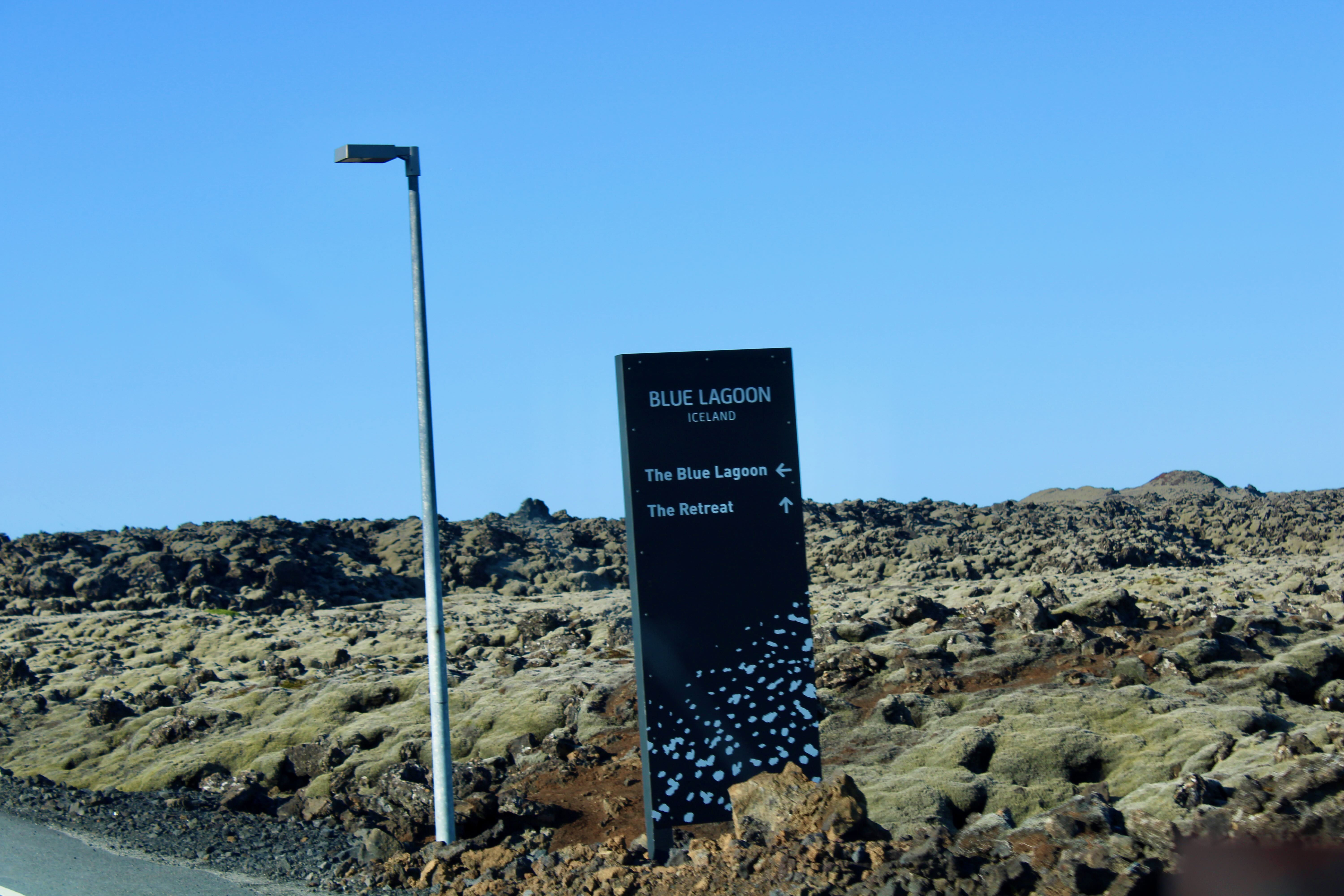 Blue Lagoon — exit sign along road