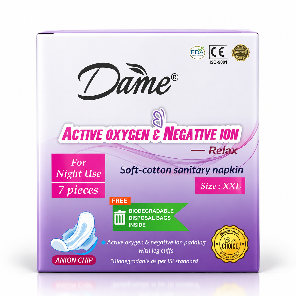 Dame Relax Active Oxygen & Negative Ion Sanitary Napkins – XXL, 7 Pieces