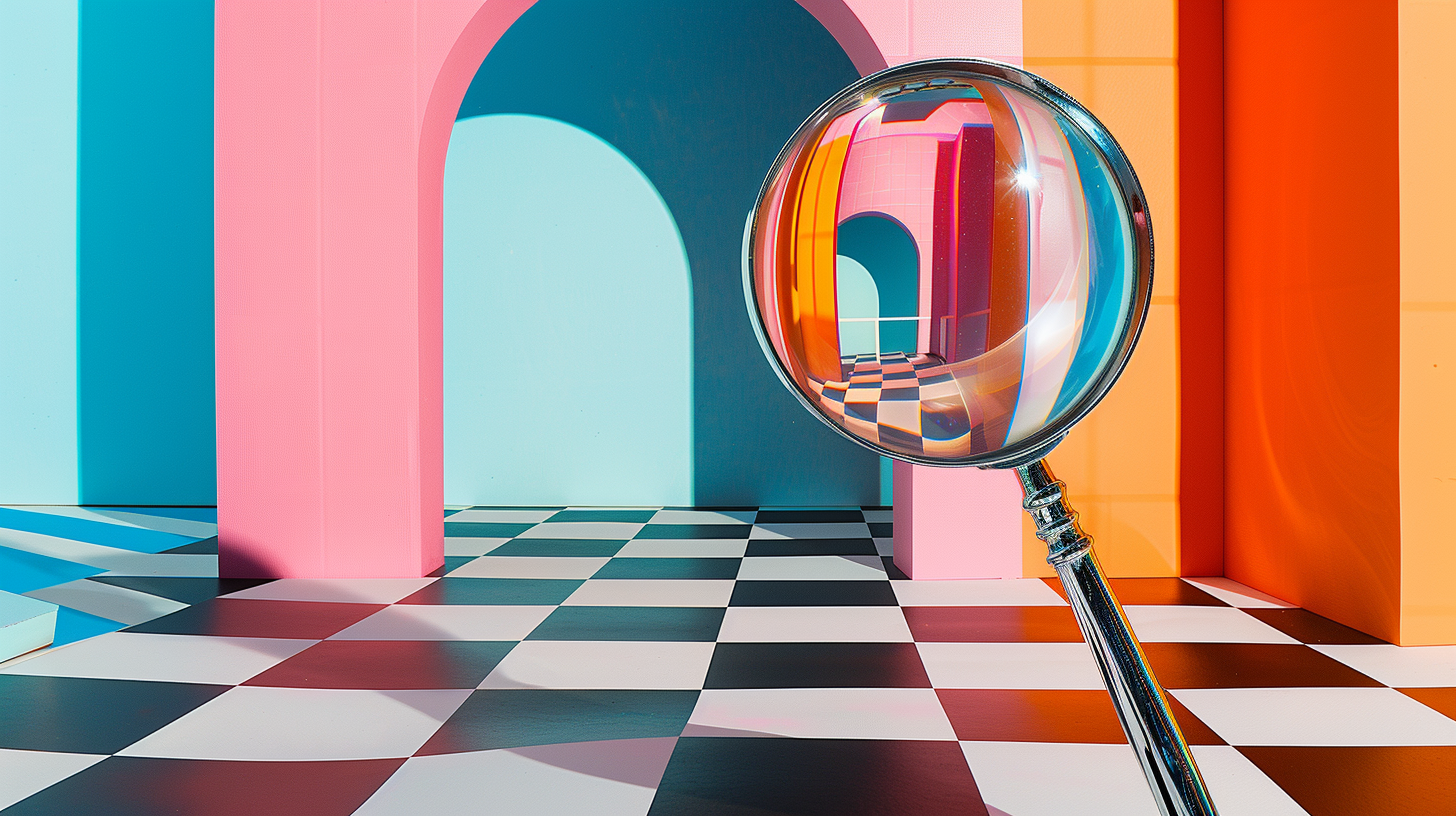 silver magnifying glass in a surreal abstract setting