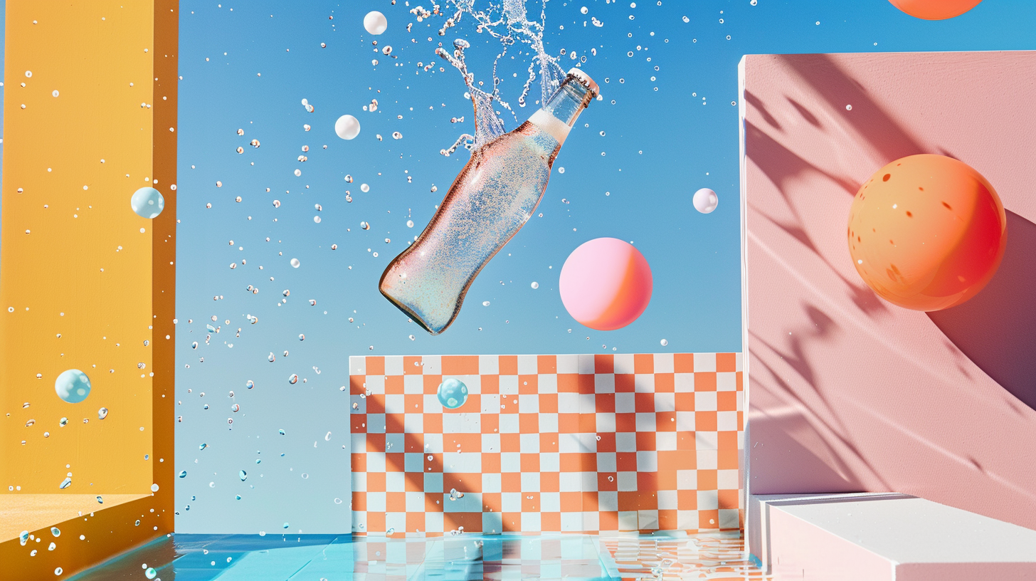 bottle of soda fizzing everywhere, bright abstract setting
