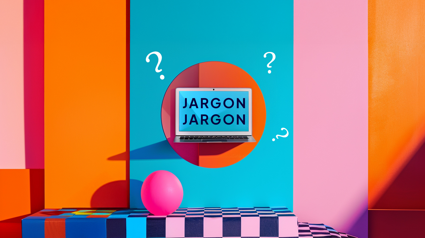 colourful laptop with "jargon" message, promoting website copy writing