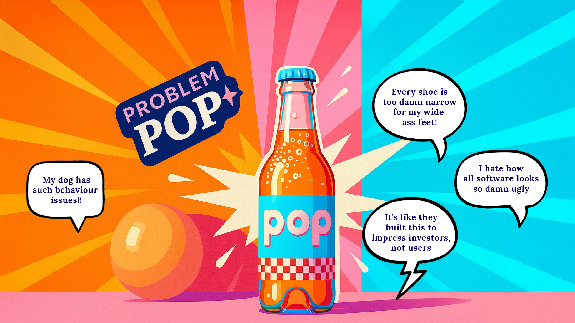 illsutration, colourful pop bottle surround by quotes and problems