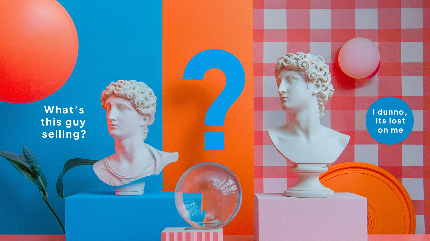 surreal david statues, pink orange & blue, discussing their problems