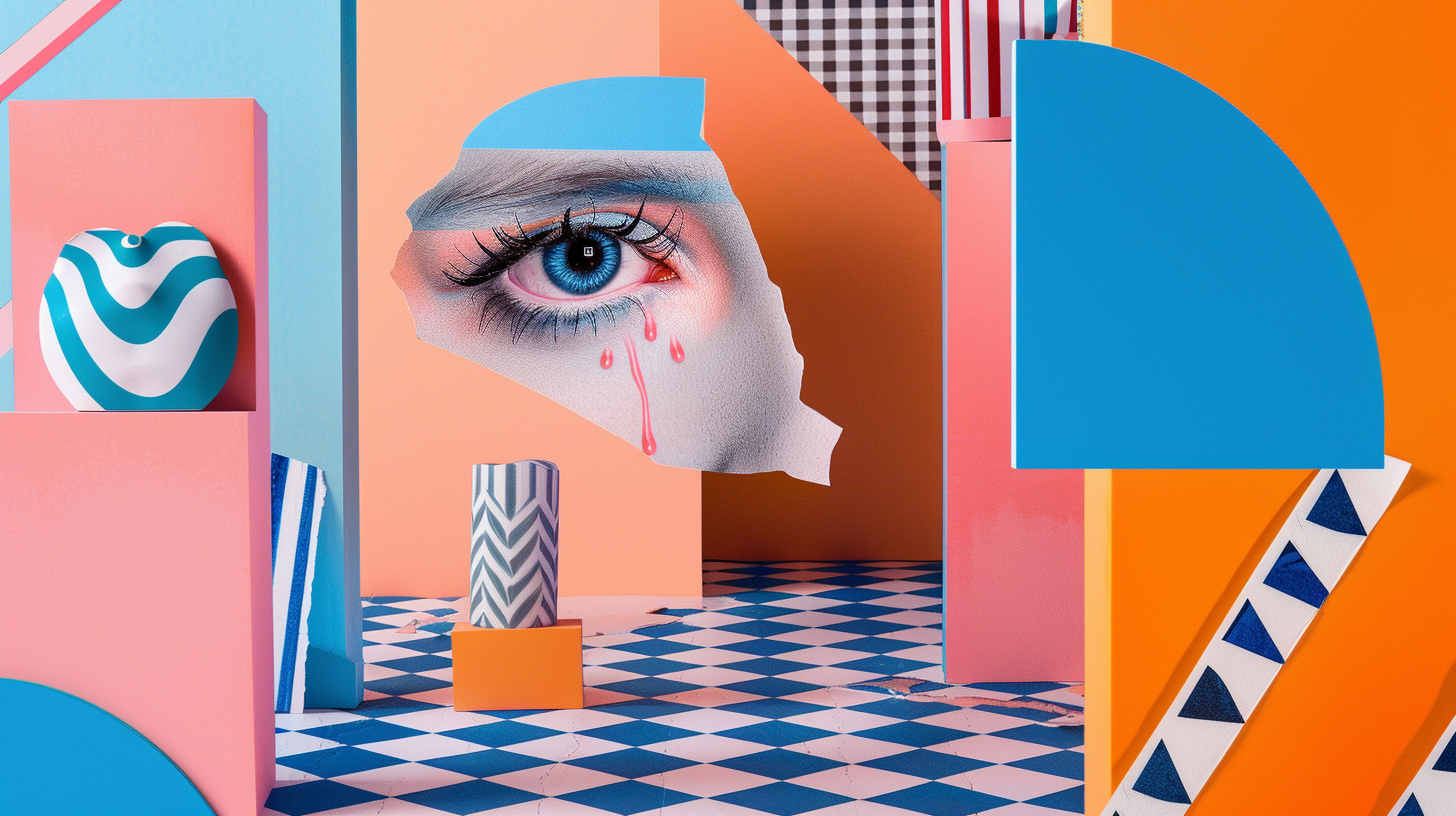 womens eyes crying in a blue and orange setting, sureal style 
