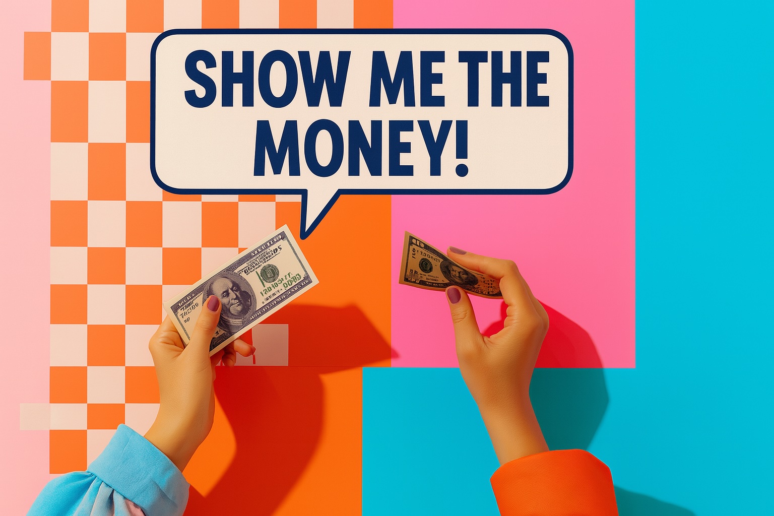 hands holding cash - shouting show me the money