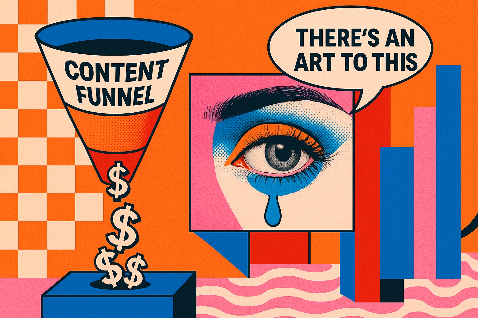 content funnel illustration, blue orange 