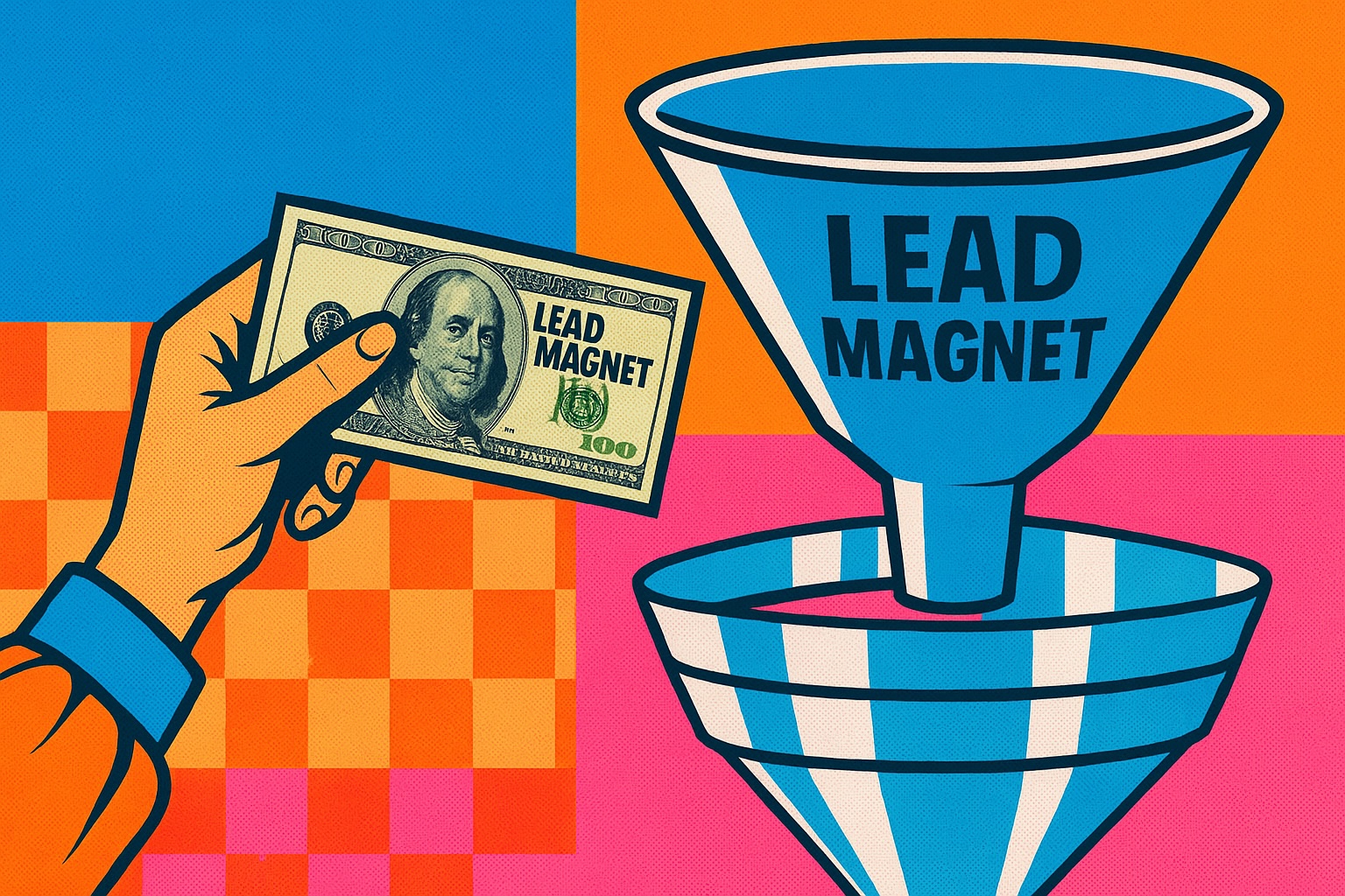 illustration of lead magnet, blue orange and pink 