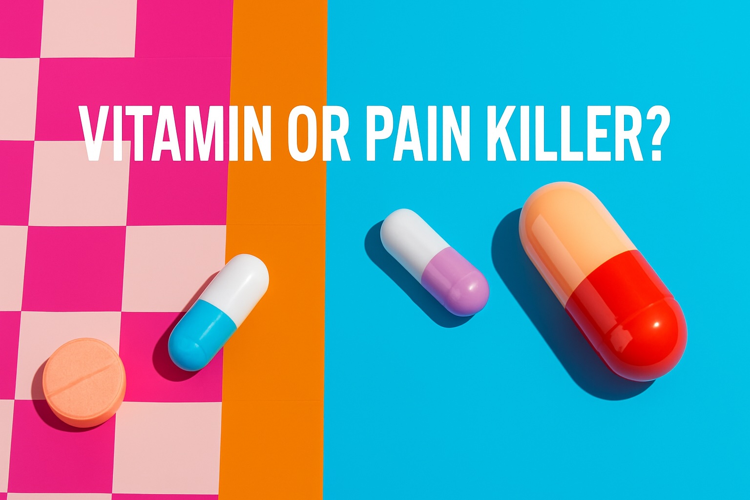 fun surreal image of pills & vitamins with text in a pink setting