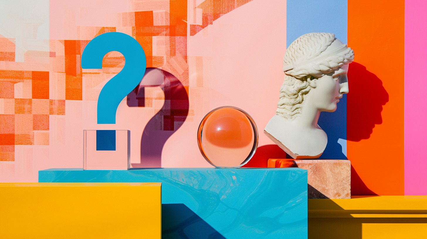 surreal setting, statues of david surrounded by question marks 