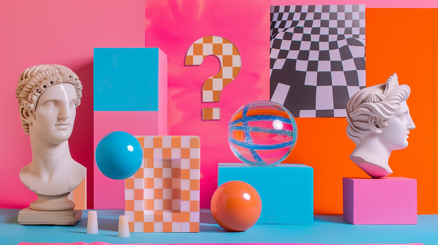 surreal setting, statues of david surrounded by question marks 