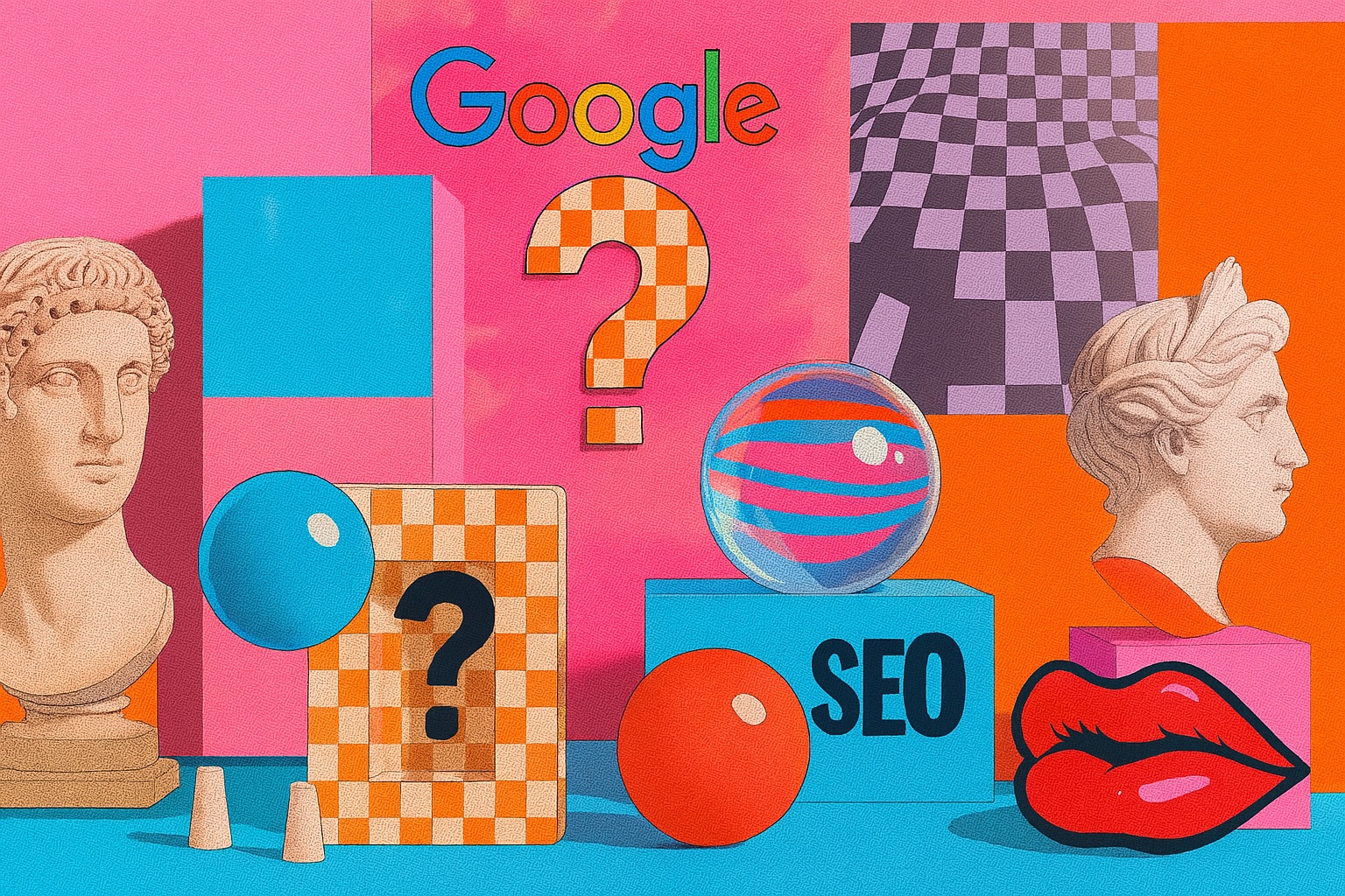 Google SEO image feat laptop and mouth, pop art style