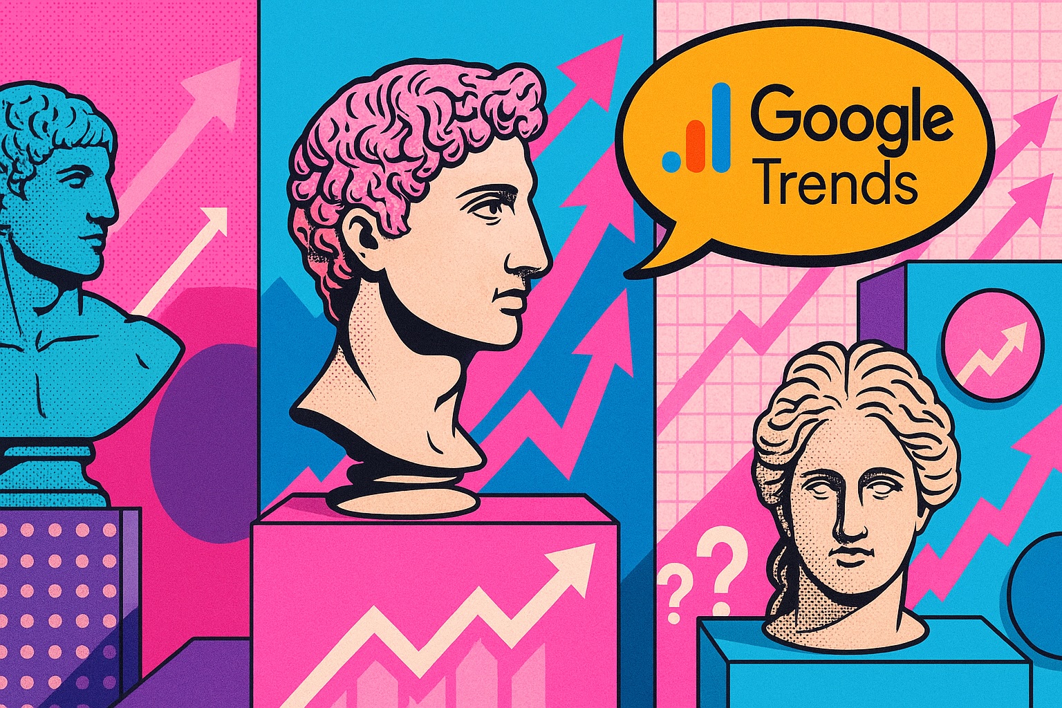 surreal and colourful statues of David illustration with google trends logo