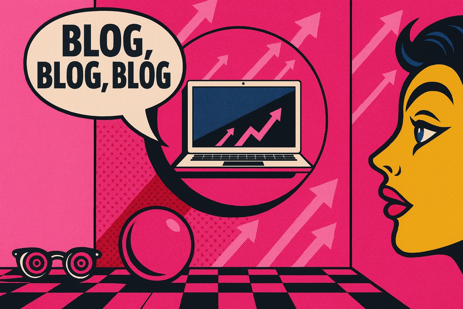 Pink laptop cartoon with "blog, blog blog" speech bubble 