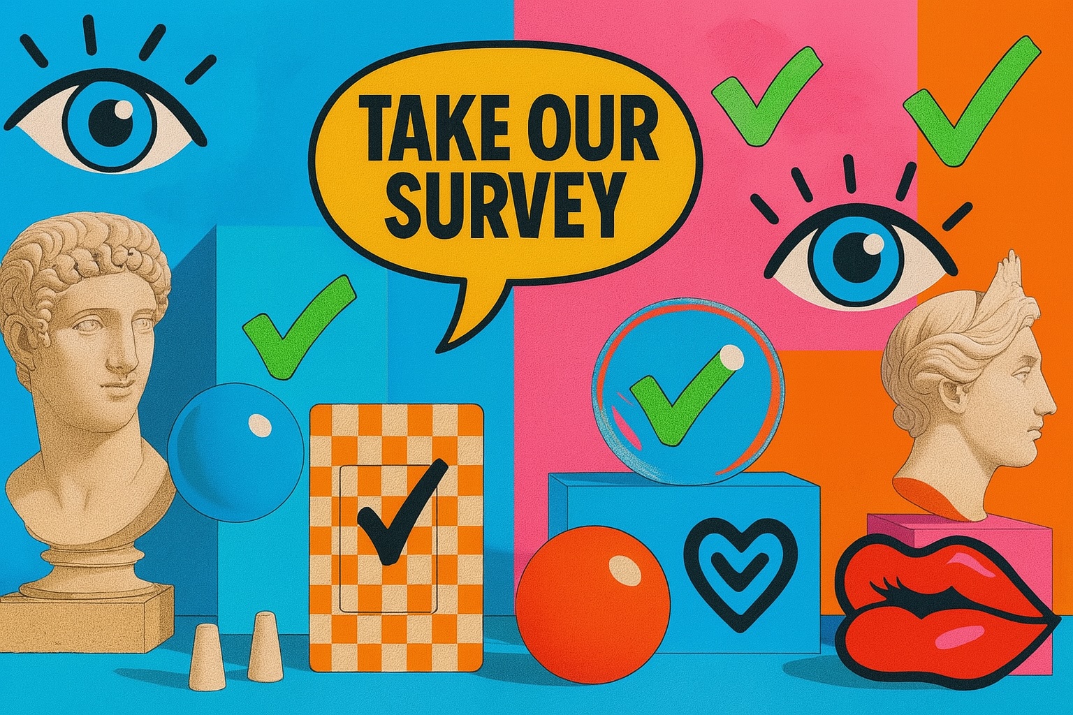 pop art style image of survey elements, ticks and eyes 