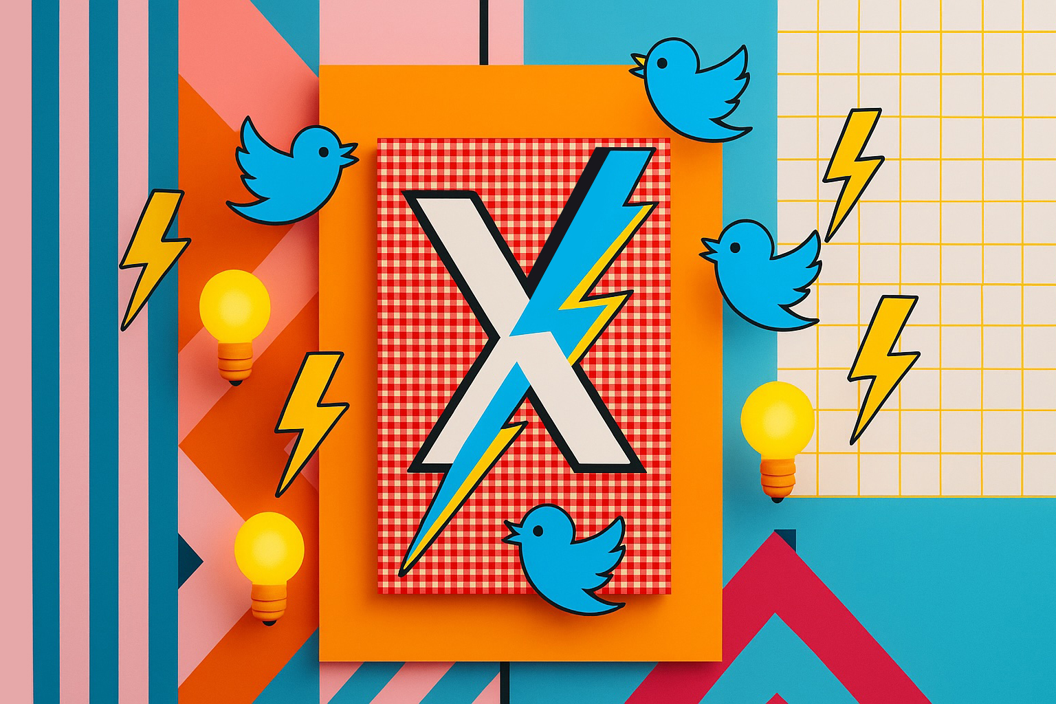 vivid lightning bolt in colorful setting with twitter, X logo 