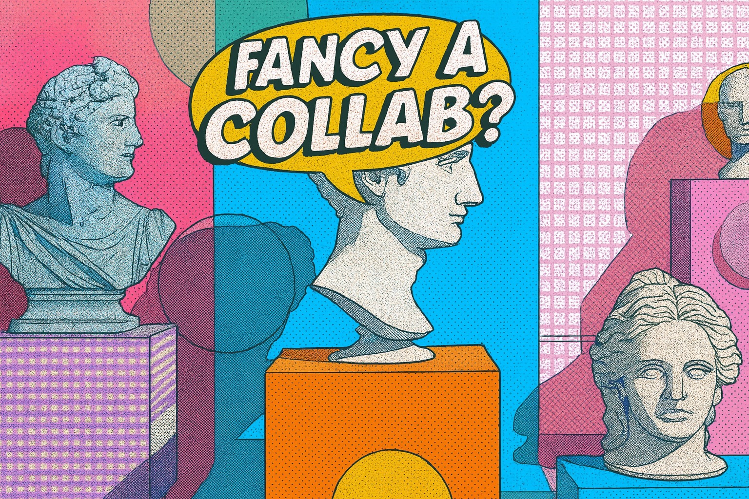 cartoon illustration, statues of david in pop art style. text which says "fancy a collab?"