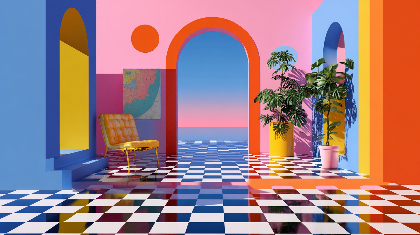 colorful pop art style door in surreal vaporwave setting 
