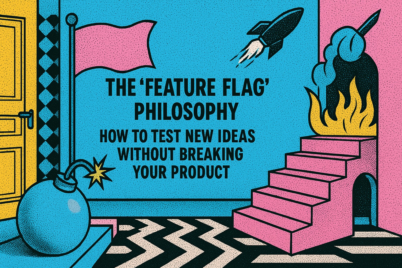 colorful feature flag with text saying: The 'Feature Flag' Philosophy: How to Test New Ideas Without Breaking Your Product