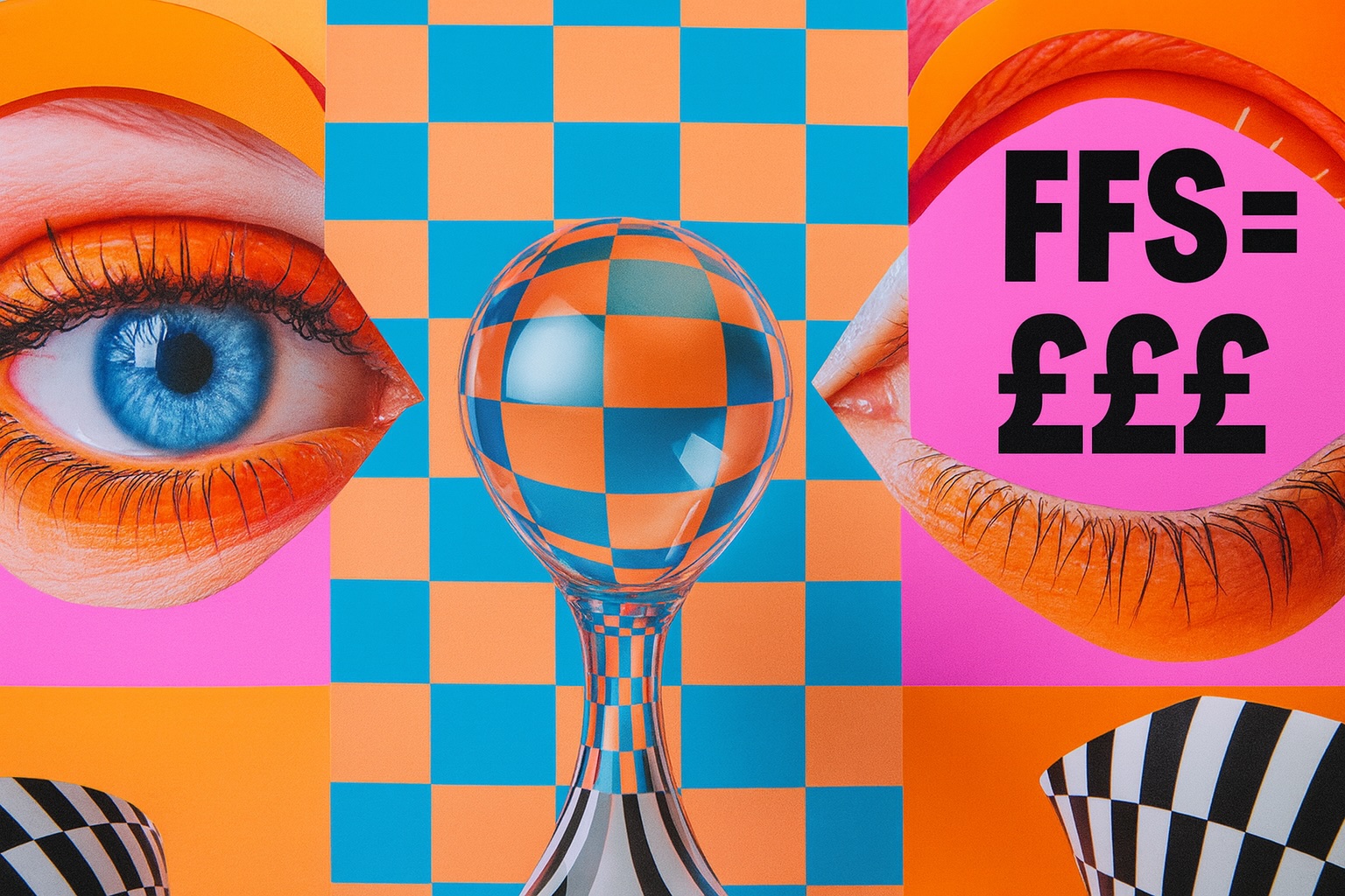 EYES, text sayng "ffs = ££" surreal dali inspired pop art image 