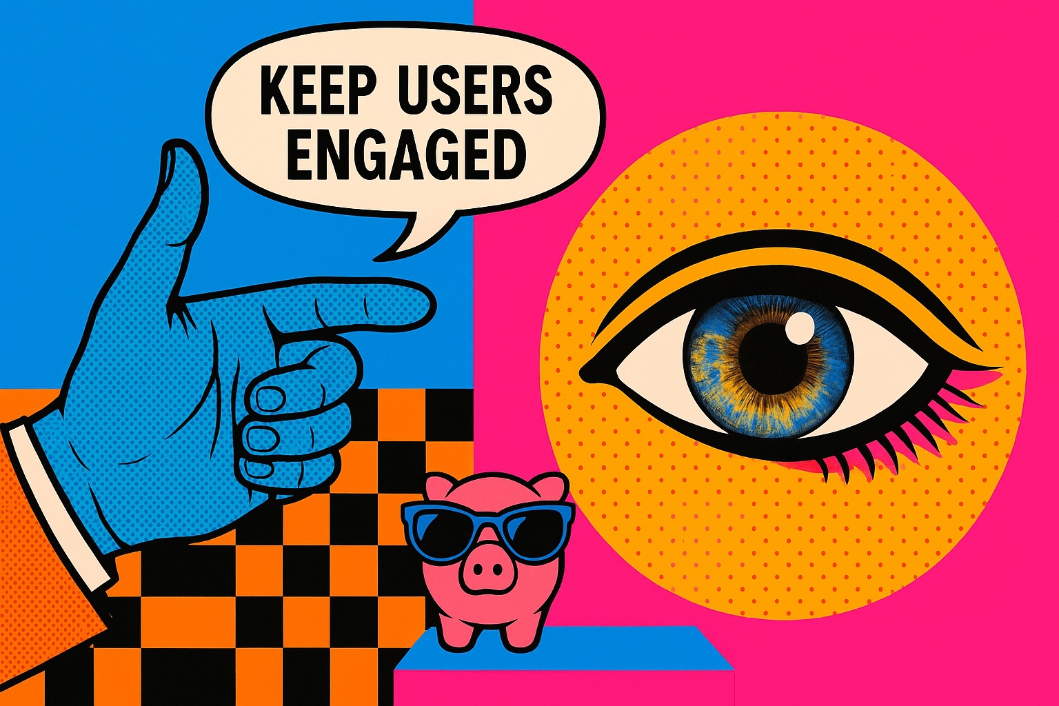 user engagement title, surrounded by surreal elements like eyes and pointing finger 