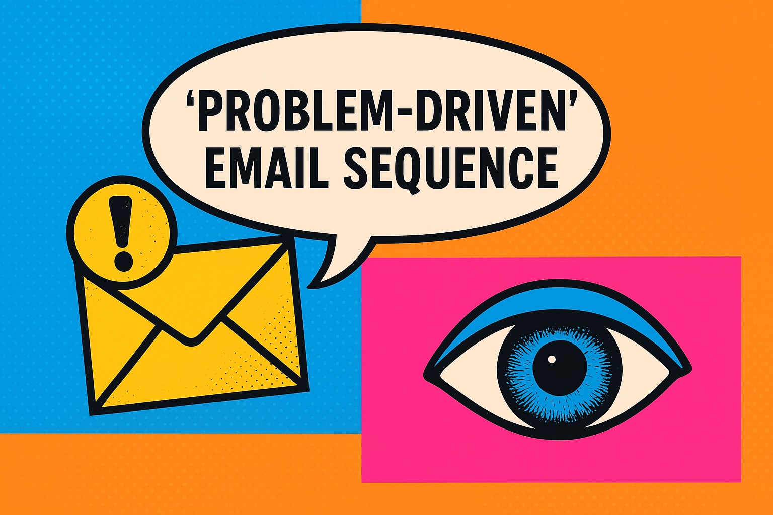 cartoon image with envelope and eye text saying "problem-driven email sequence" 