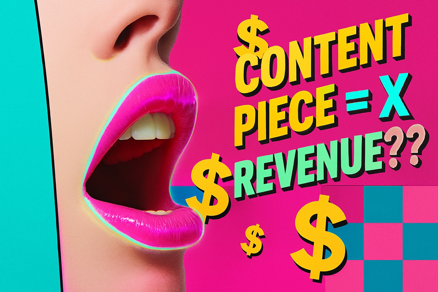 woman shouting, pop art style, content piece and revenue 